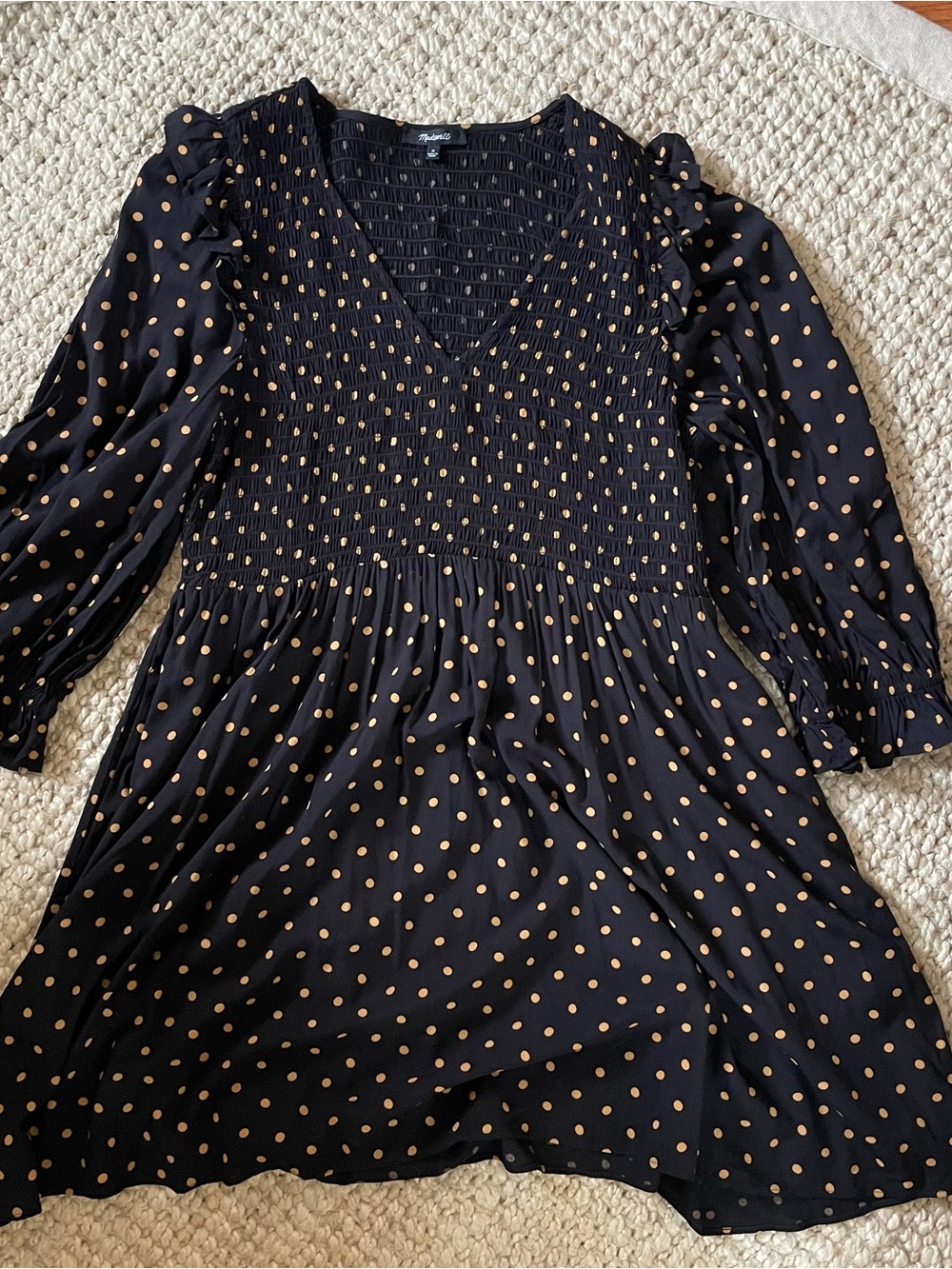 Smocked Black Dress with Gold Polka Dots